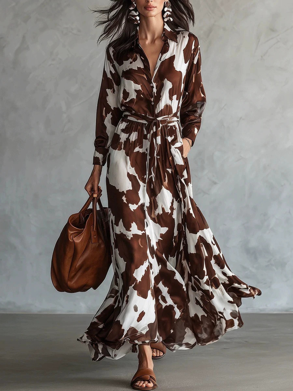 ZARA Brown White Cow Print Long Sleeve Flared Maxi Dress